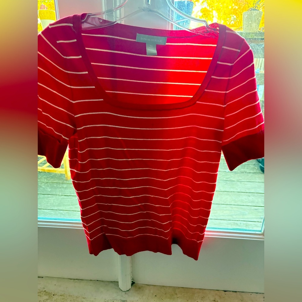 Banana Republic Red and White Striped Short Sleeve Top